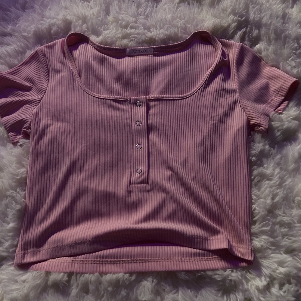 Pink Ribbed Button-Up Top